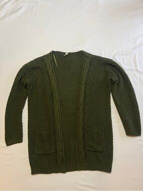 Open-Front Olive Green Cable Cardigan with Pockets